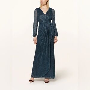 Adrianna Papell Navy Blue Green Long Sleeve Metallic Maxi Dress 6 Evening Gown